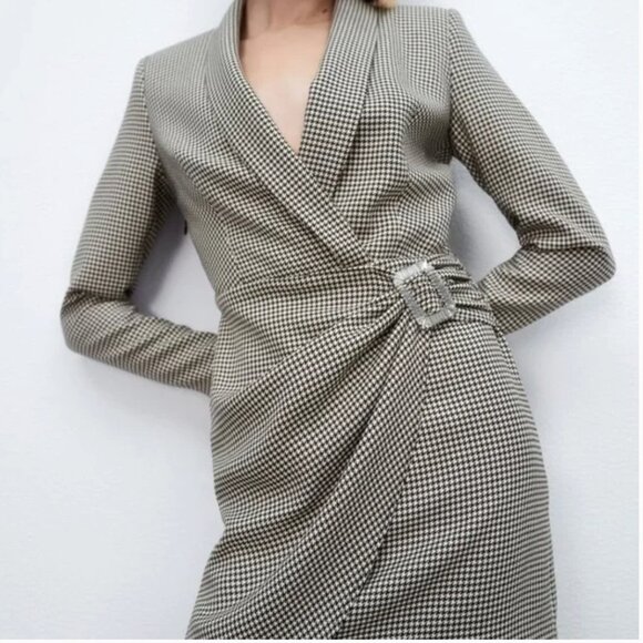 ZARA HOUNDSTOOTH BLAZER DRESS Crystal buckle Size M NEW WITH TAG! - Picture 3 of 15